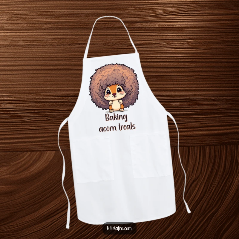 Funny Squirrel Afro Apron: A curious squirrel character peeks out from a vibrant, textured afro while cooking.
