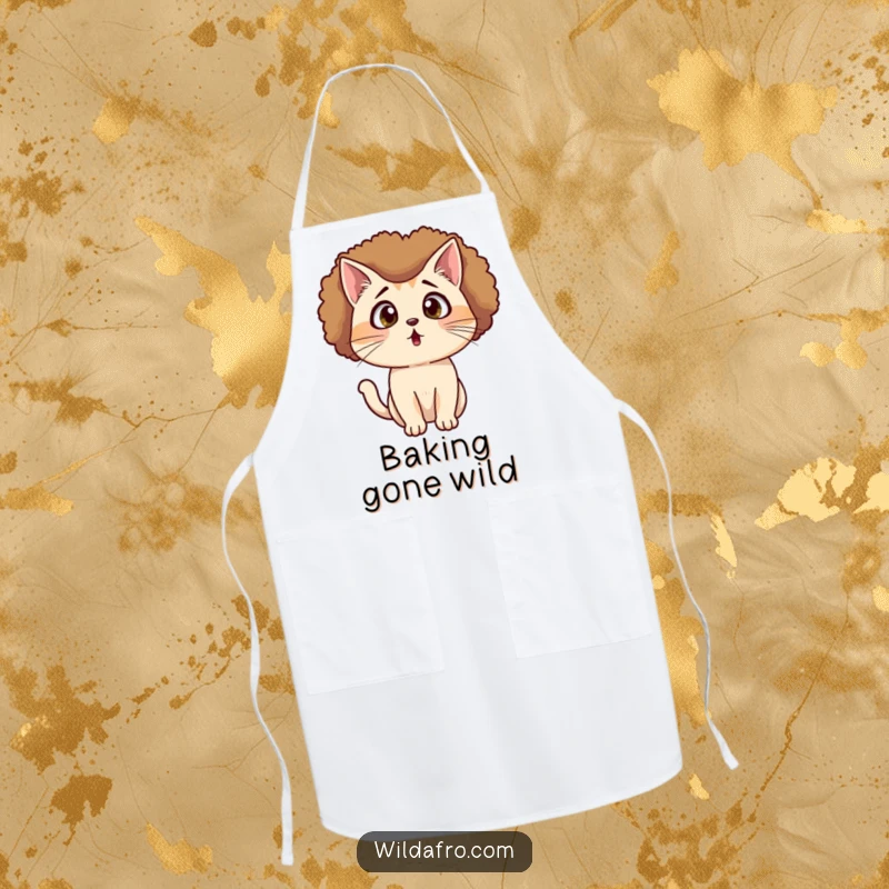 Funny Cat Afro Apron showing a surprised cat with an afro wig looking shocked, perfect for kitchen fun and protection.