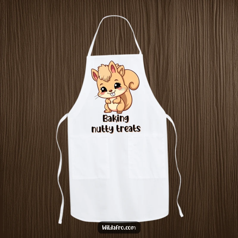 Funny apron featuring a mischievous squirrel chef wiggling its afro with a determined grin, ready to whip up some deliciousness.