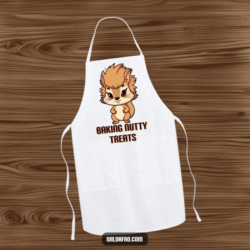 Funny squirrel apron showcasing a determined character with a stylish, bushy afro. Fun kitchen attire for squirrel lovers.