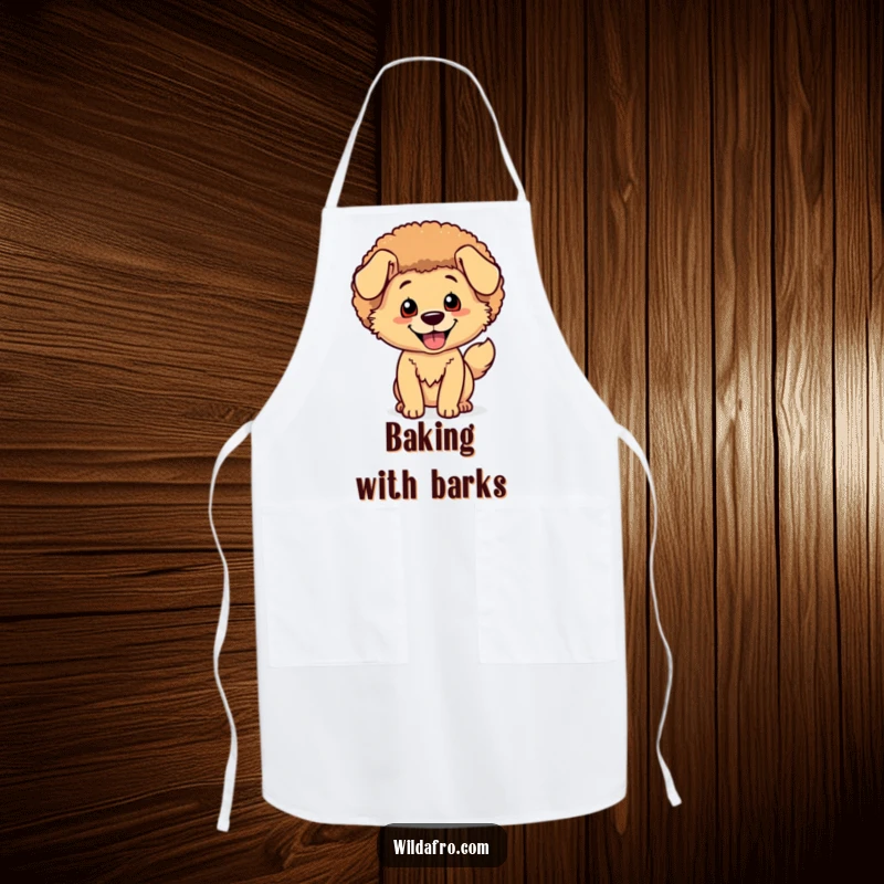 Funny Dog Afro Apron: A happy dog character with a shimmering afro wags its tail while in the kitchen.
