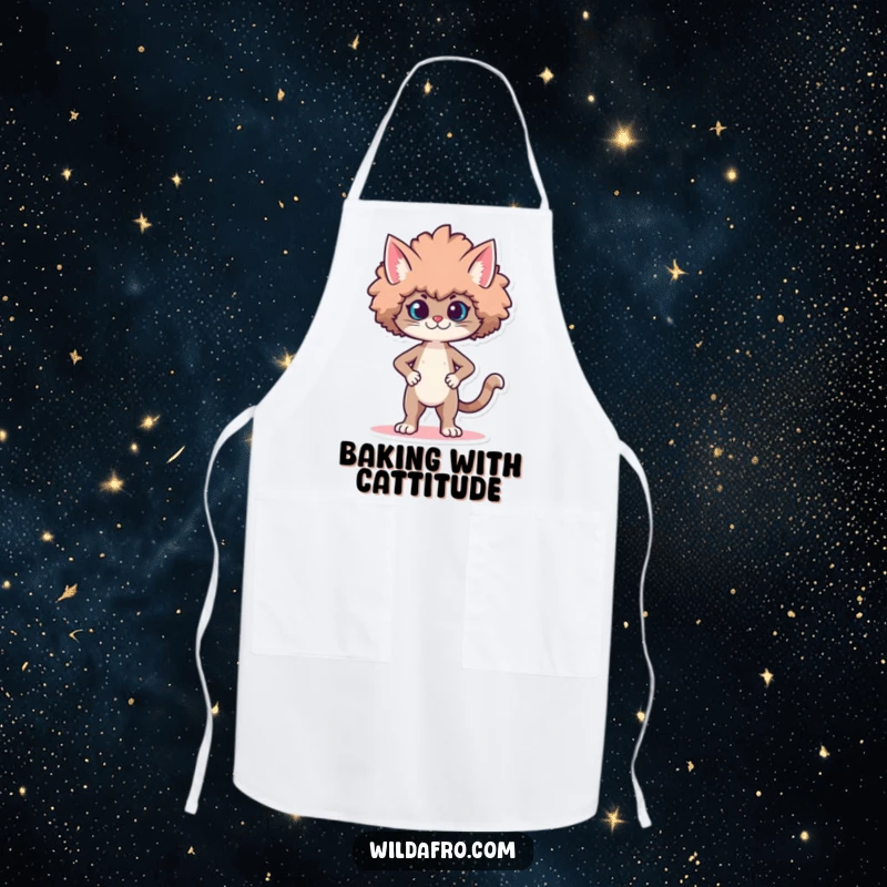 Funny apron featuring a proud cat character strutting with a voluminous, stylized afro. Great funny gift.