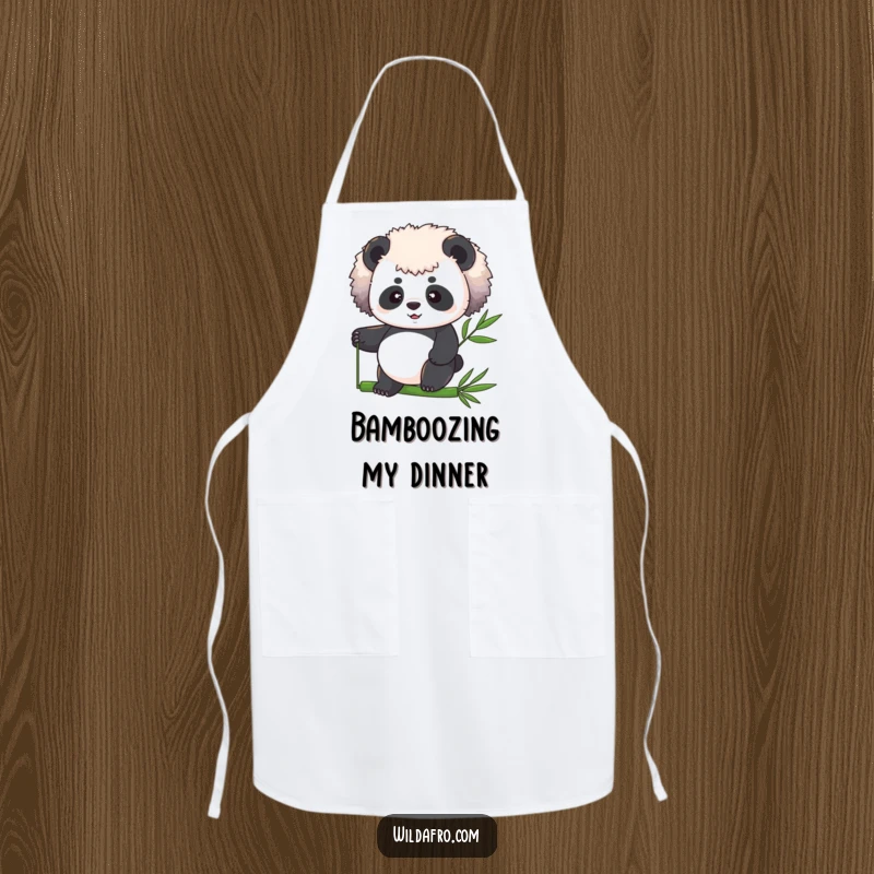 Funny panda with a fluffy afro balancing on a bamboo stalk, featured on a practical and humorous kitchen apron.