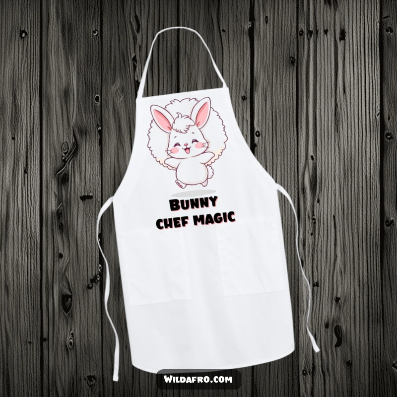 Funny bunny afro apron showing a fluffy bunny with rosy cheeks joyfully bouncing with a giant afro puff.