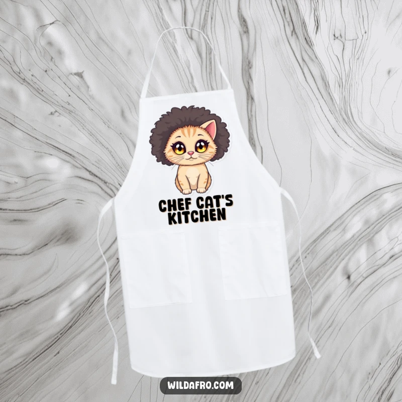 Funny cat afro apron showing a round cat with big, sparkling eyes, sporting a large, voluminous afro wig while cooking.