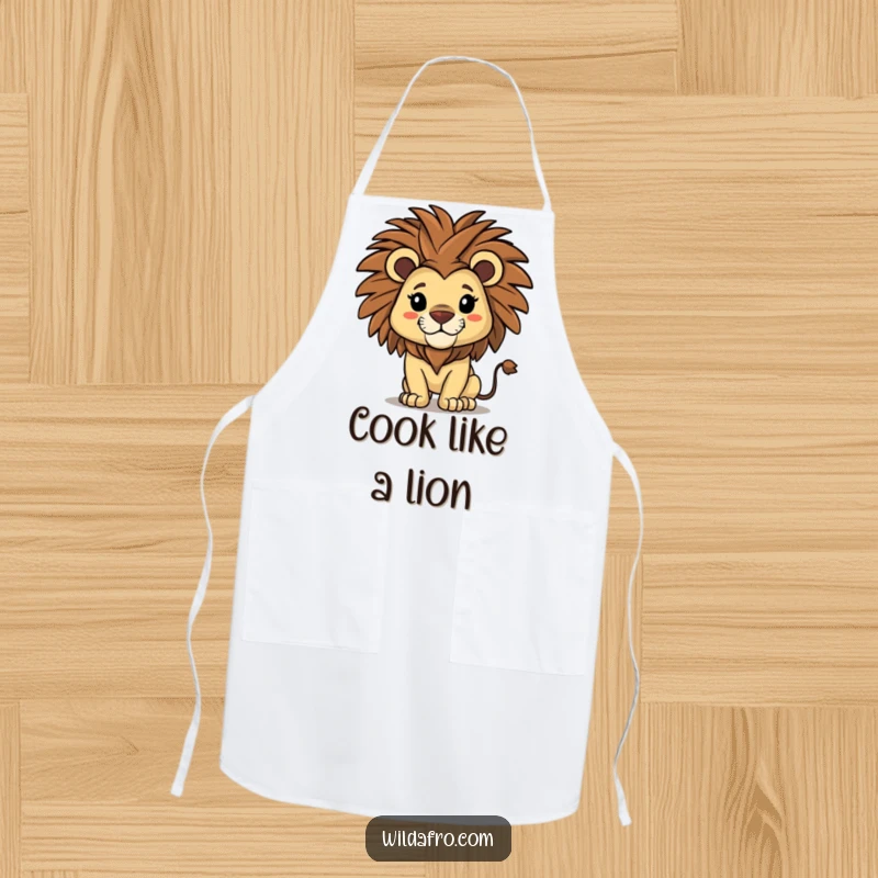 Funny lion apron showing a proud lion character with a majestic afro shaking its mane, ready for culinary adventures.