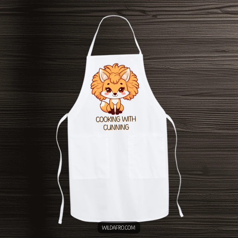 Funny fox apron showcasing a playful character with a large, curly afro mane. Fun kitchen attire for fox lovers.