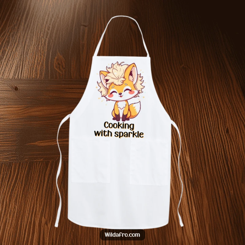 Funny Apron featuring a cheerful fox character's giant afro shedding glitter, perfect for a playful and sparkling kitchen experience.