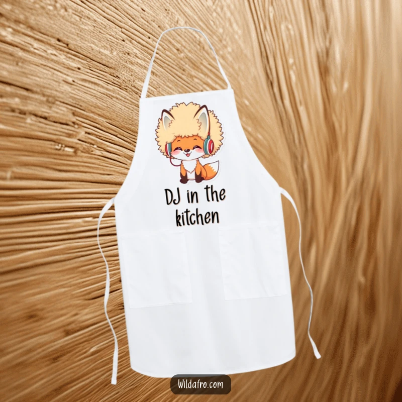 Funny Afro Fox DJ Apron showing a cheerful fox with a voluminous afro and tiny headphones, ideal for kitchen use.