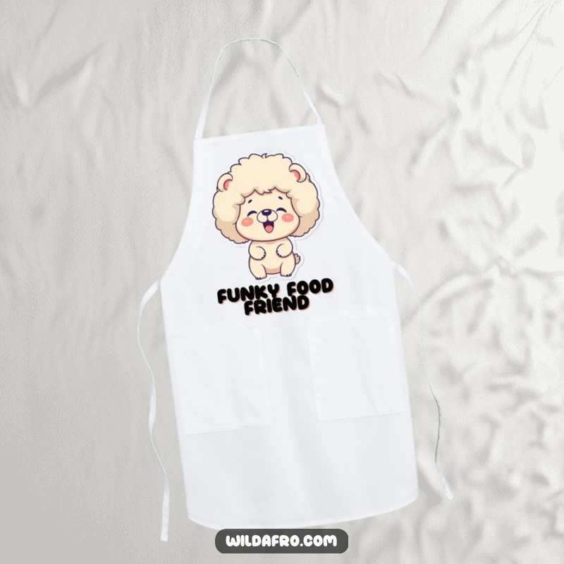 Funny bear with a large afro giggling, on a chef's apron. A fun and funny gift.
