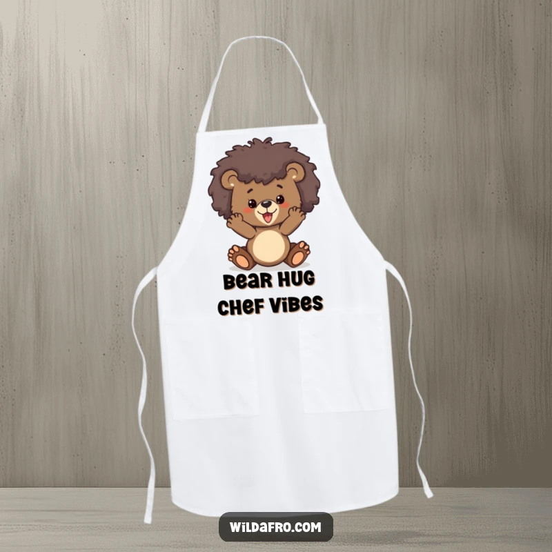 Funny bear cub with a wild afro sporting a chef apron, ready to cook up some laughs.