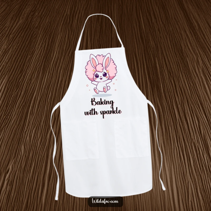 Funny Apron featuring a cute, bouncing bunny character with a giant afro and eyes filled with stars, perfect for a whimsical kitchen.