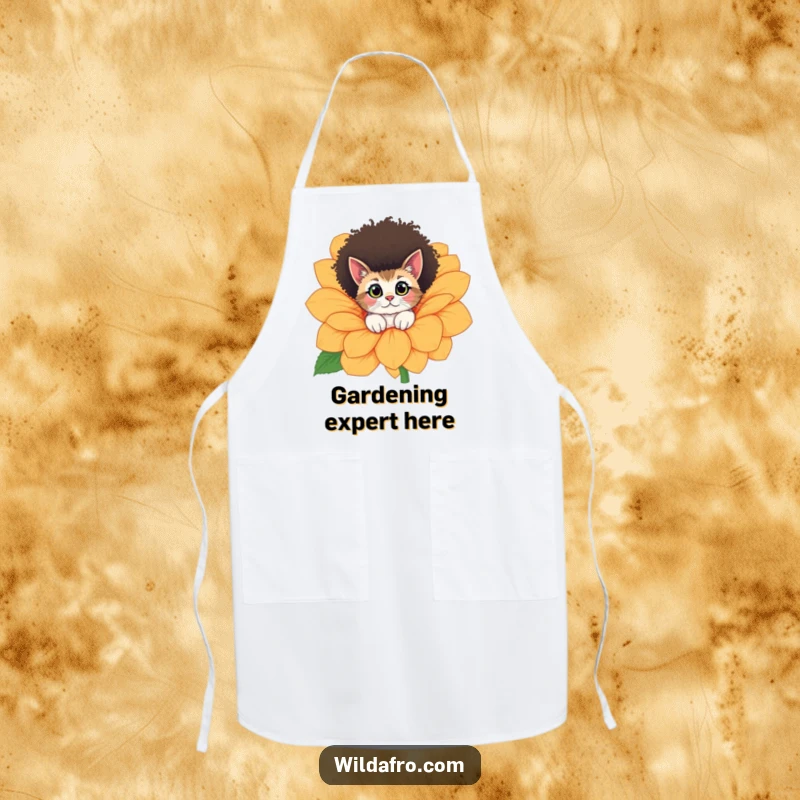 Funny cat with a cool afro peeking from a giant flower, featured on a practical and humorous kitchen apron.