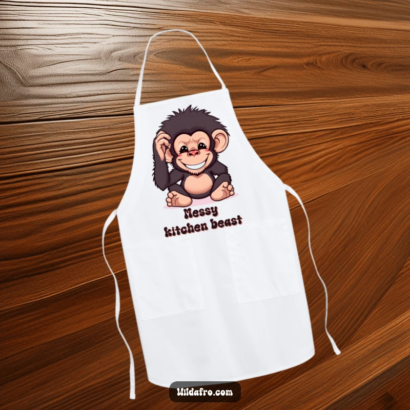 Funny chimpanzee apron featuring a grinning monkey character patting its bushy afro, perfect for a fun cooking experience.