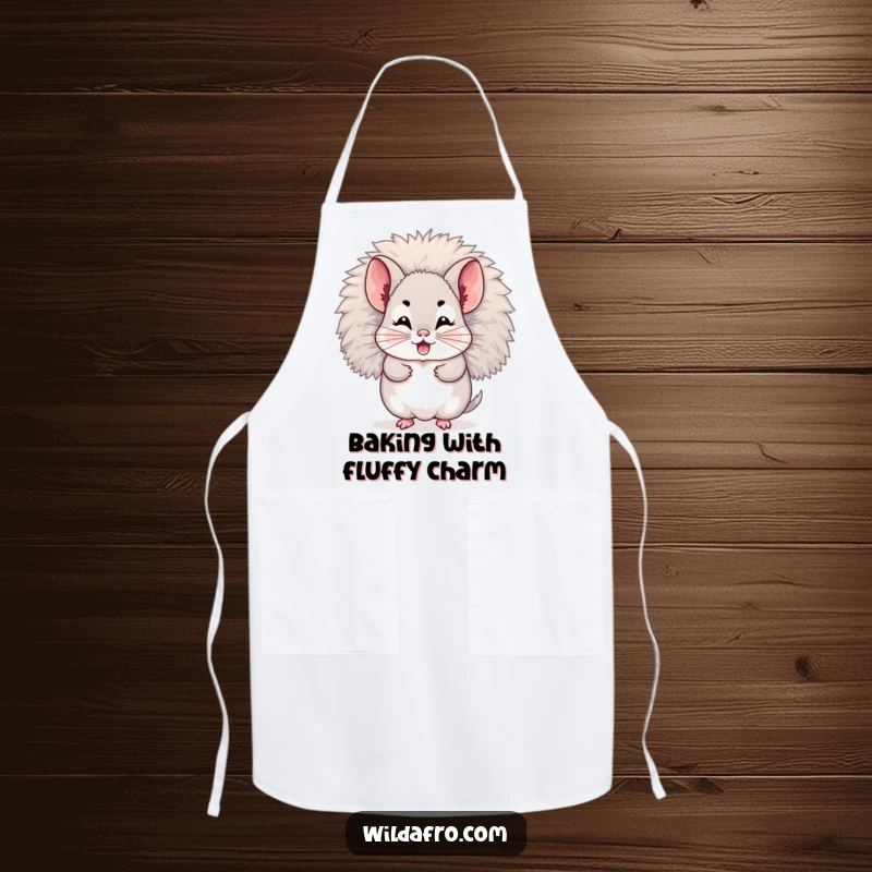 Funny apron featuring a giggling chinchilla character hiding within its fluffy afro. Great funny gift.
