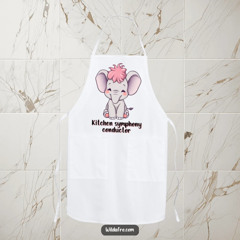Funny baby elephant with a small afro happily trumpeting, featured on a practical and humorous kitchen apron.