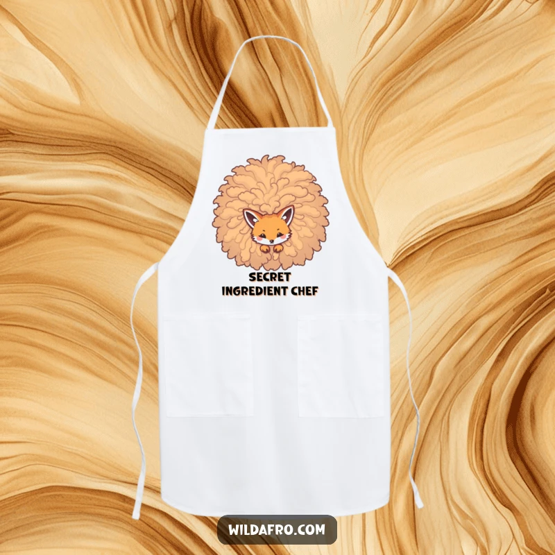 Funny apron featuring a sly fox peeking from a huge, curly afro, ready to add some fun to the kitchen.