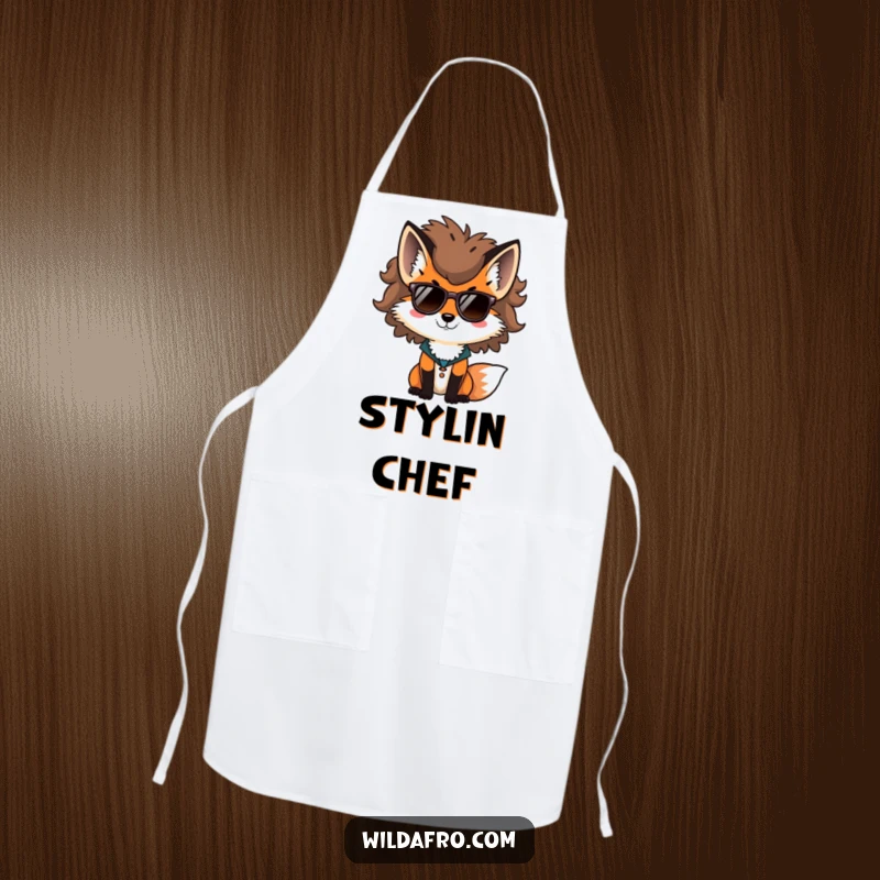 Funny fox apron, a stylish fox with a large afro and sunglasses, perfect for a cool and chic cook.