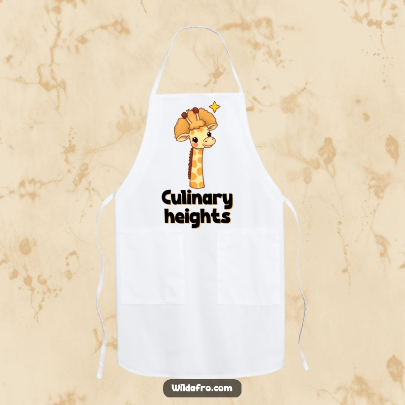 Funny giraffe apron, a cheerful giraffe with a large afro reaching for a star, perfect for a whimsical cook.