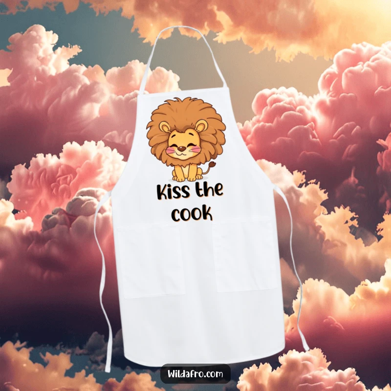 Funny lion apron, a happy lion with a large afro blowing a kiss, perfect for a groovy cook.