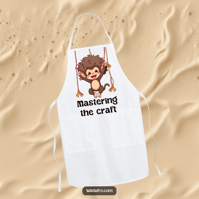 Funny monkey with a bold afro swinging from yarn strands, displayed on a practical and humorous kitchen apron.