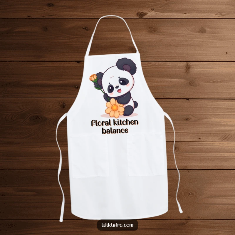 Funny Panda Apron with Rounded Afro Balancing a Flower - Humorous Kitchen Wear