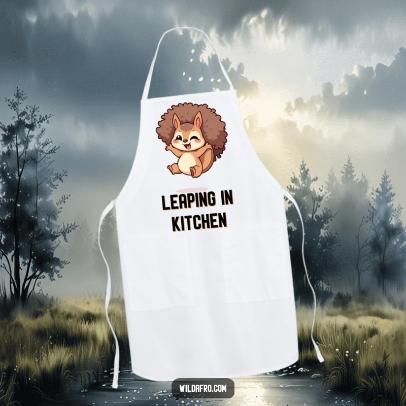 Funny Squirrel Afro Apron: A delighted squirrel with a spiraled afro, mid-jump, perfect for kitchen tasks with a humorous and action-packed design.