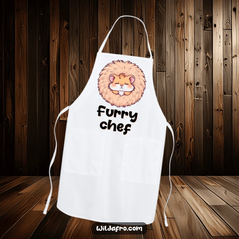 Funny hamster sleeping in a giant afro, depicted on a kitchen apron, ideal for a humorous and quirky cooking experience.