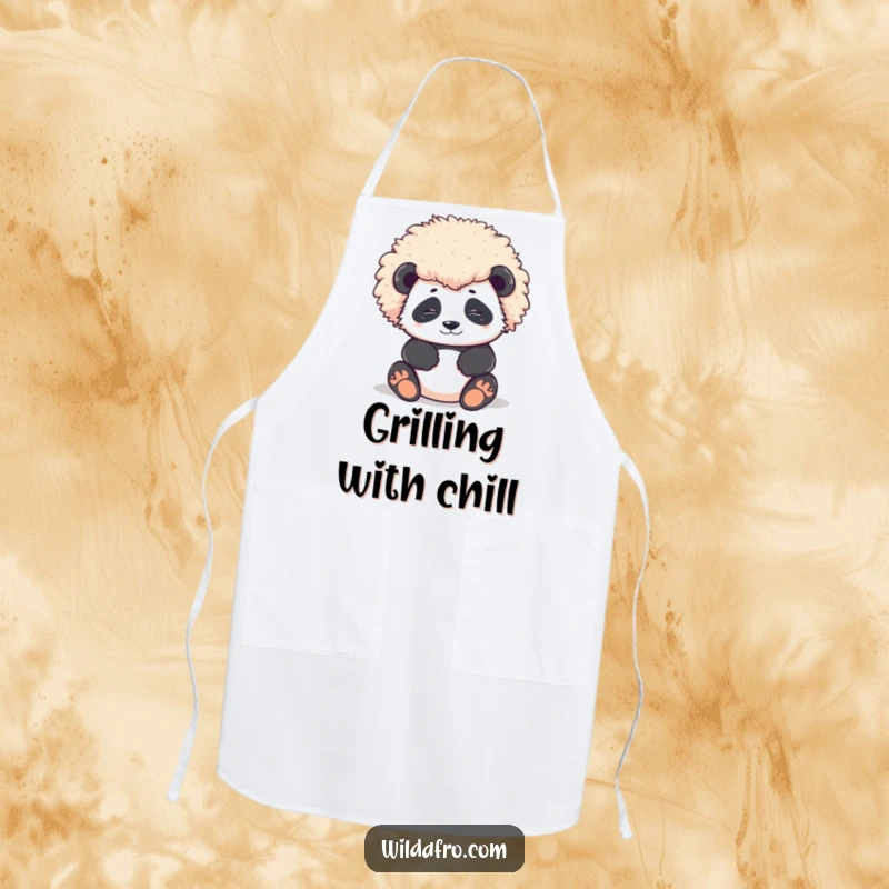 Funny Apron featuring a contented panda character's large, round afro, perfect for a peaceful and stylish kitchen experience.