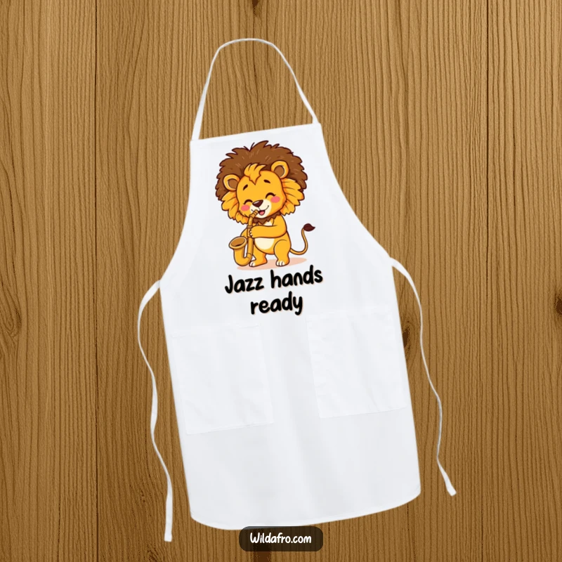 Funny Lion Saxophone Afro Apron showing a happy lion with an afro playing the saxophone, perfect for kitchen fun and protection.
