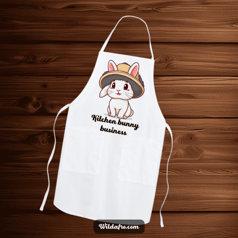 Funny rabbit apron featuring a curious bunny character wearing an afro hat with its ears sticking out, perfect for cooking.