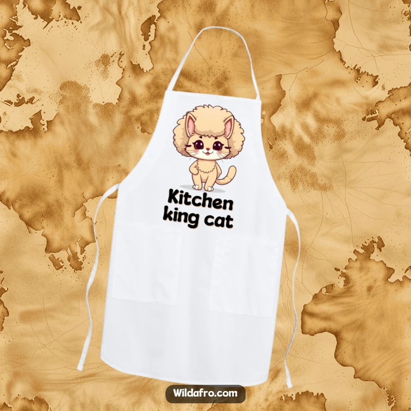 Funny cat sporting a fluffy afro on a kitchen apron, strutting with confidence and retro style, a functional funny gift.