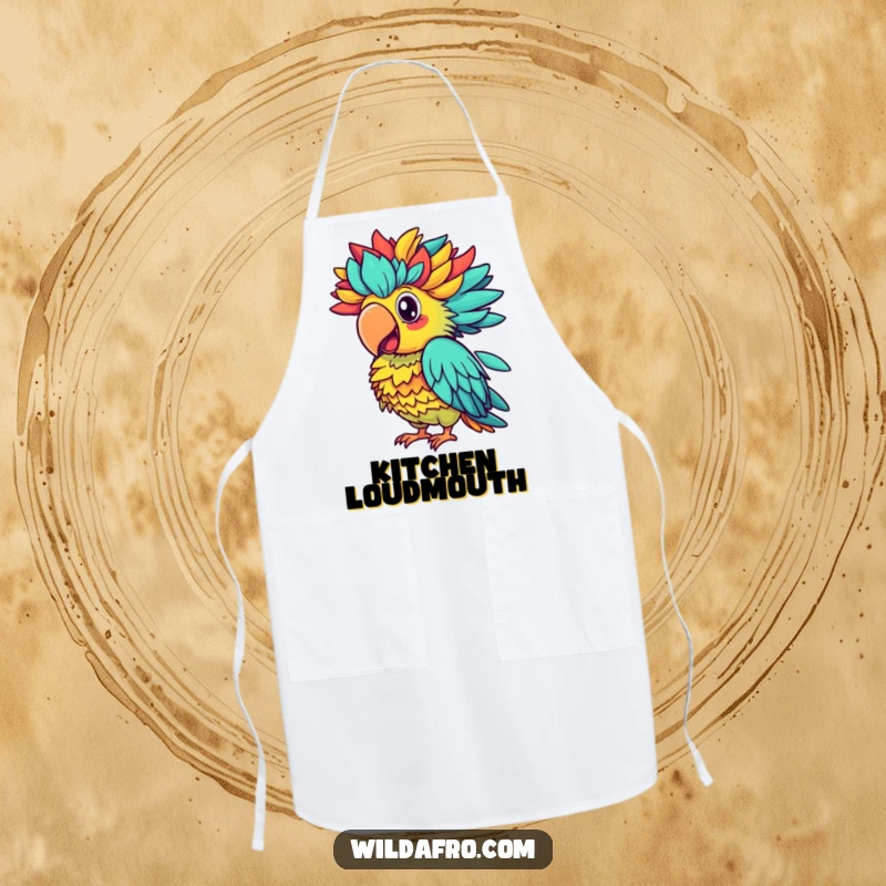 Funny parrot apron, a proud parrot with a large, vibrant afro squawking colorfully, perfect for a tropical kitchen.
