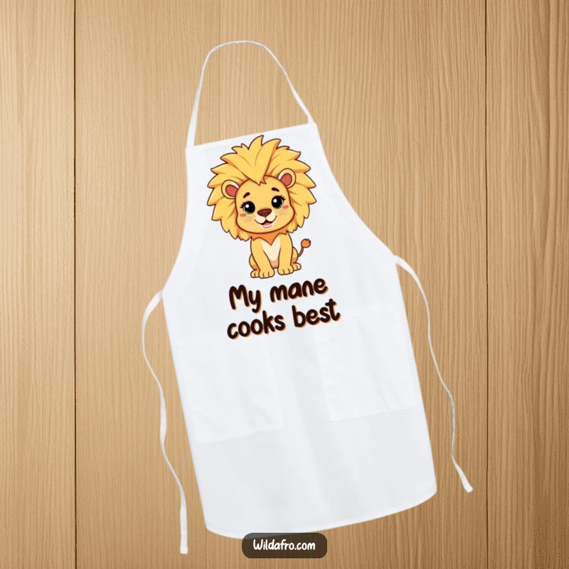 Funny apron showing a cheerful lion with a playful afro mane, a humorous accessory for regal chefs.