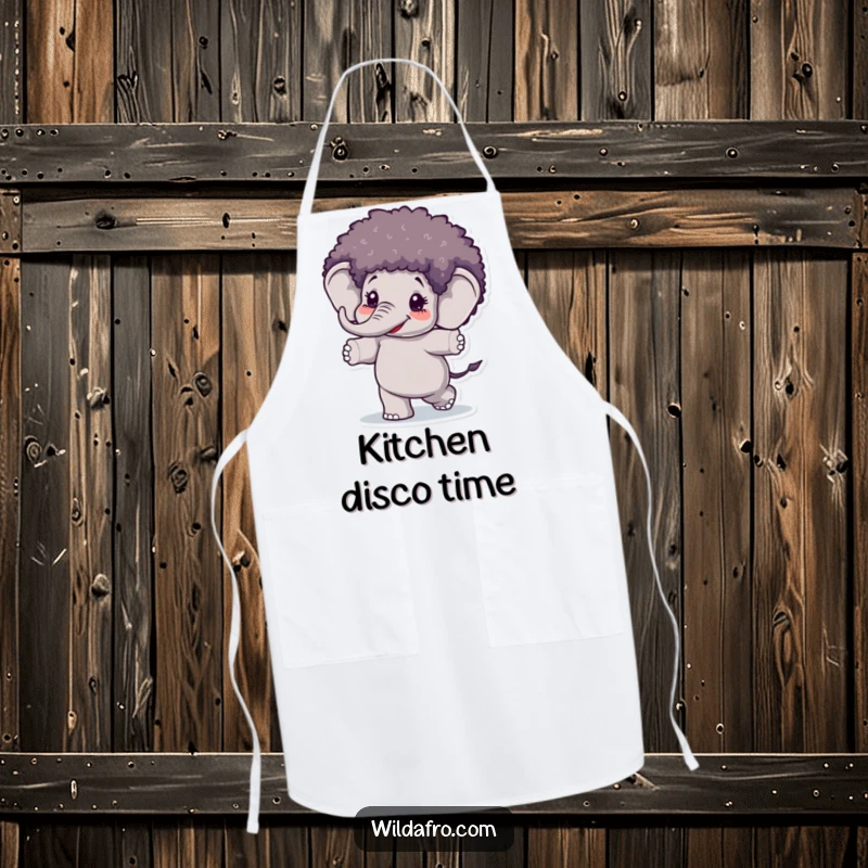 Funny Elephant Afro Wig Apron showing a happy elephant with an afro wig dancing while cooking, blending kitchen fun with humor.