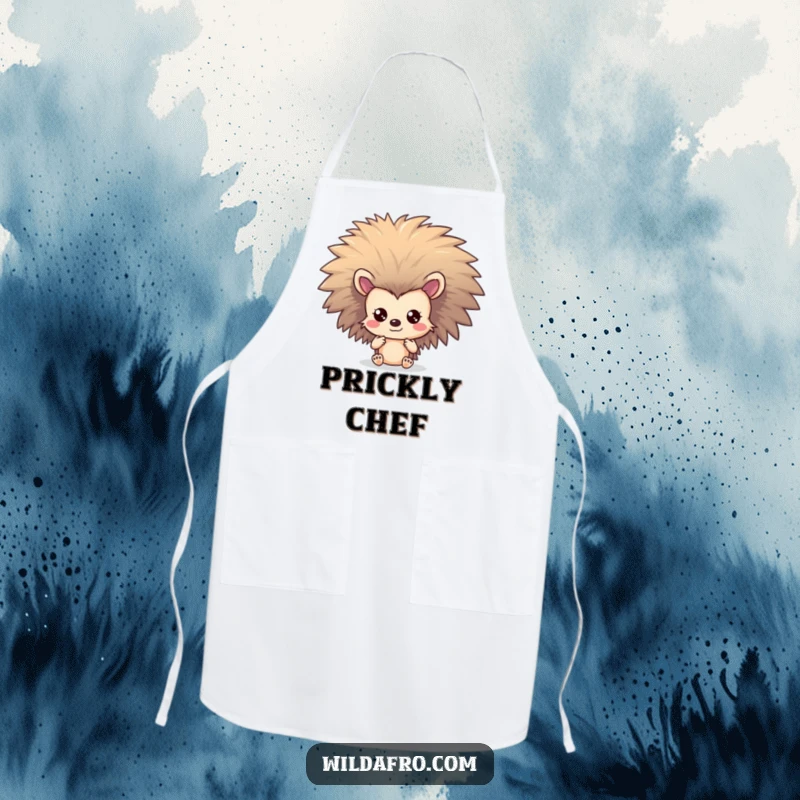 Funny Hedgehog Afro Apron: A shy hedgehog character peeks out from behind a spectacular, large afro while cooking.