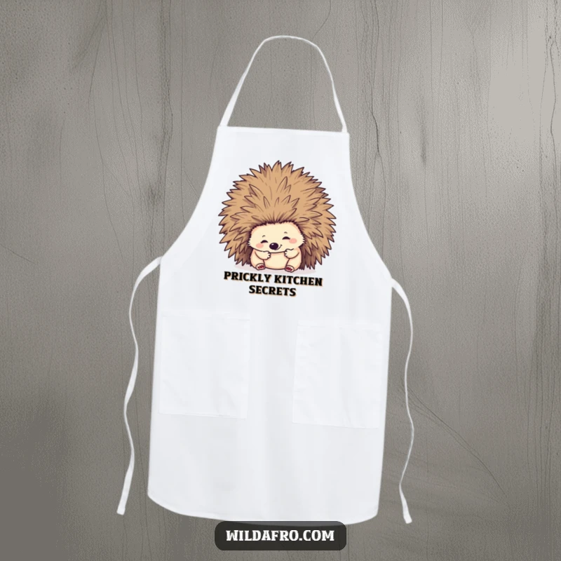 Funny hedgehog assistant 'helping' out by digging into a large afro, featured on a kitchen apron.