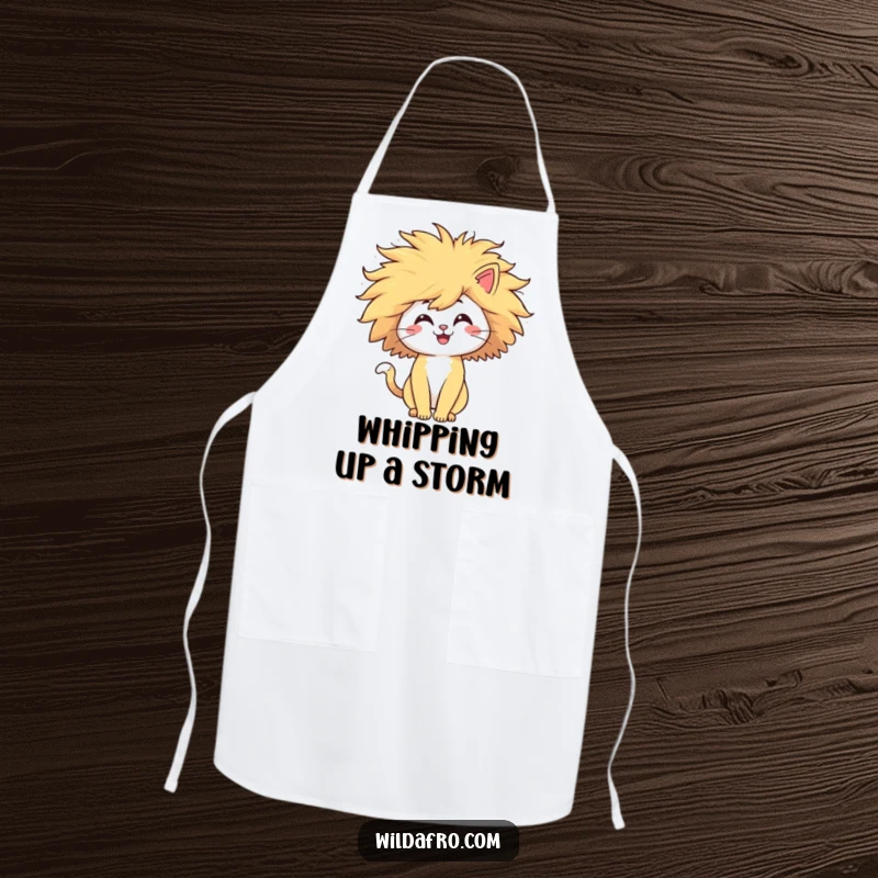 Funny cat apron showcasing a happy character with a voluminous, windblown afro, ready for culinary adventures. Fun kitchen attire for pet owners.