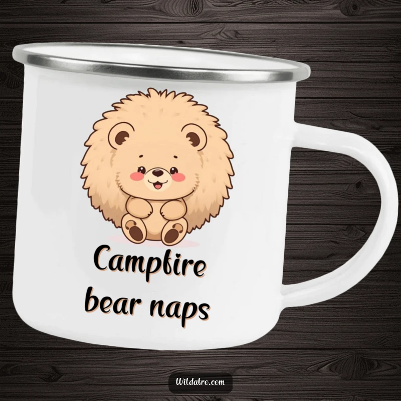 Funny bear afro camping mug with a chubby bear cub gleefully hiding inside a large, fluffy afro.
