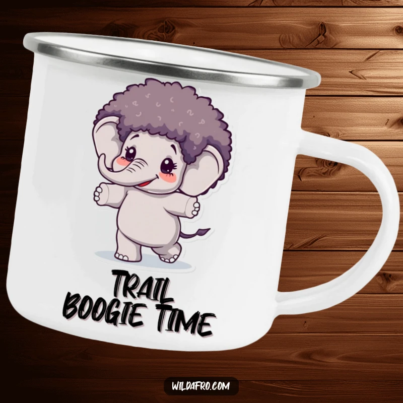 Funny Elephant Afro Wig Camping Mug showcasing a happy elephant with an afro wig dancing, perfect for outdoor fun.