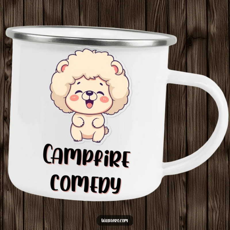 Funny bear with a large afro giggling, on a rustic camping mug. A fun and funny gift.