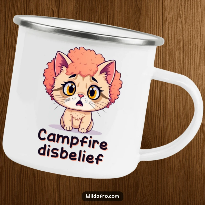 Funny surprised cat with a vibrant afro on a rustic camping mug. A fun and funny gift.