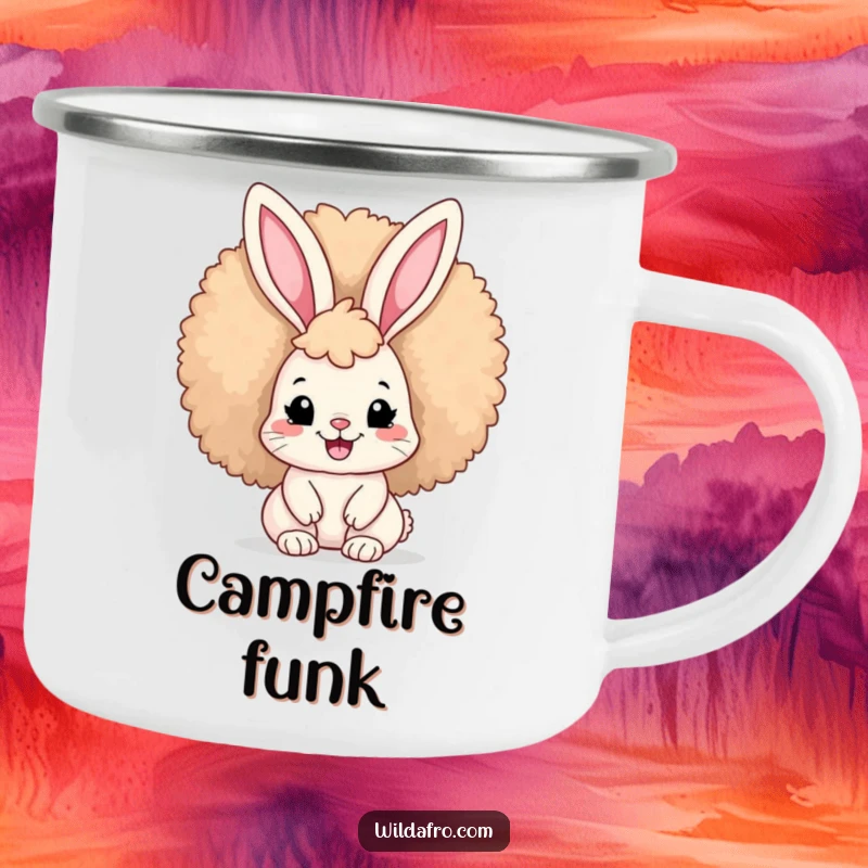 Funny Afro Bunny Camping Mug showing a cute bunny with a large afro and a big smile, perfect for outdoor beverages.