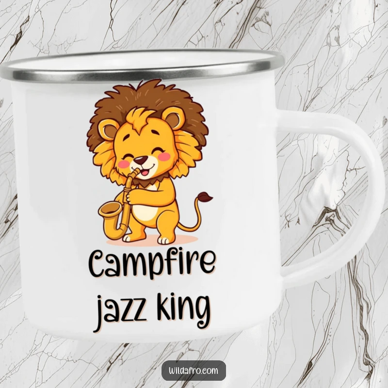 Funny Lion Saxophone Afro Camping Mug showcasing a happy lion with an afro playing a saxophone, ideal for outdoor adventures.