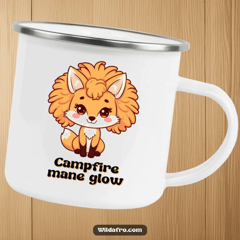 Funny fox camping mug featuring a playful character with a large, curly afro mane. Ideal for outdoor enthusiasts and lovers of whimsical designs.