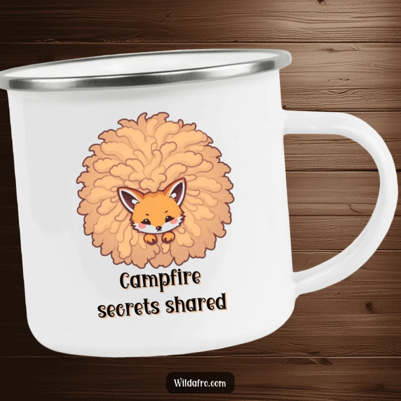 Funny camping mug showing a sly fox peeking from a large, curly afro, ready for campfire stories.