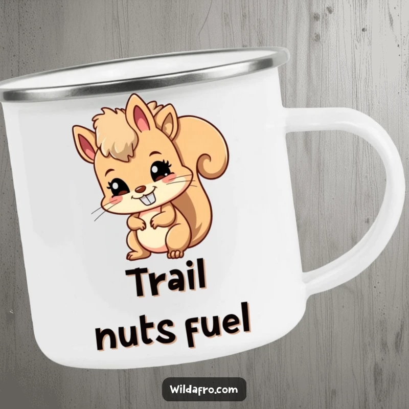 Funny camping mug showing a mischievous squirrel wiggling its afro with a broad, happy grin, perfect for outdoor adventures.