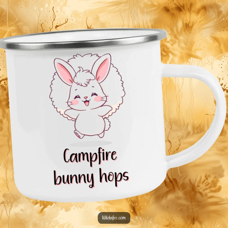 Funny bunny afro camping mug with a fluffy bunny, rosy cheeks, happily bouncing with a giant afro puff.