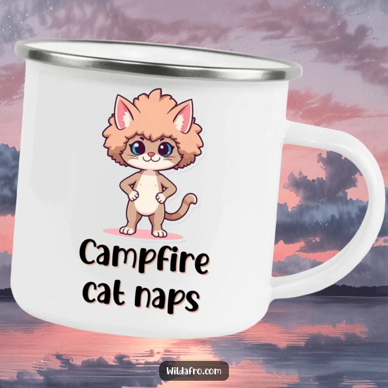 Funny camping mug featuring a proud cat character strutting with a voluminous, stylized afro. Durable and humorous.