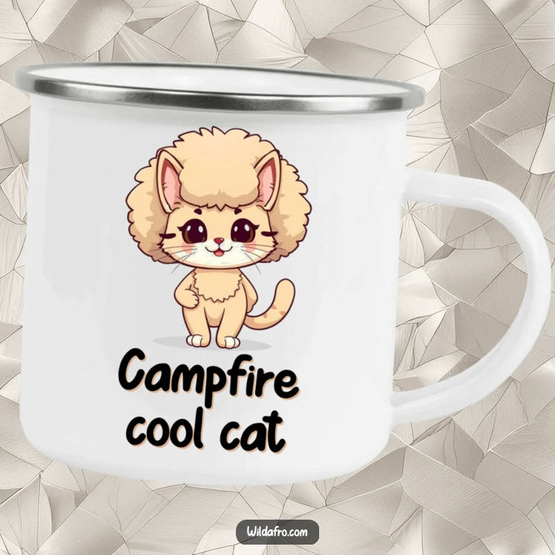 Funny cat with a fluffy afro on a camping mug, strutting with 70s cool, perfect for outdoor adventures, a fun funny gift.